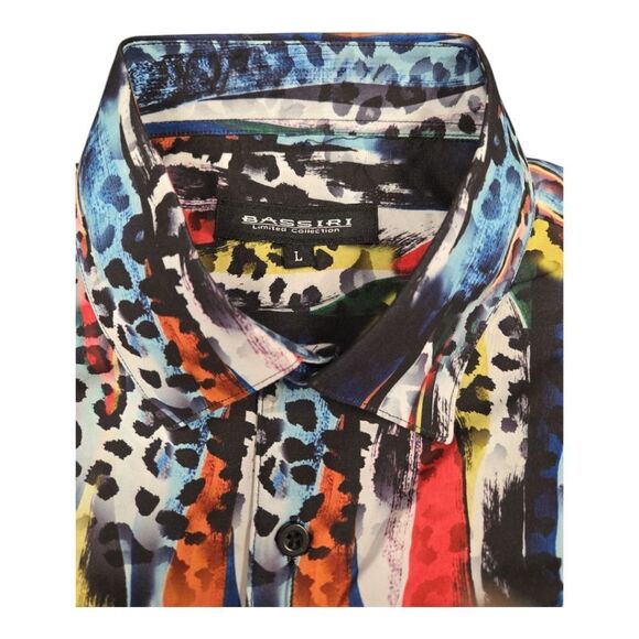 BASSIRI MEN'S CASUAL ABSTRACT SHORT SLEEVE SHIRT.ROYAL RED GOLD NAVY WHITE. 1033 - Picture 4 of 6